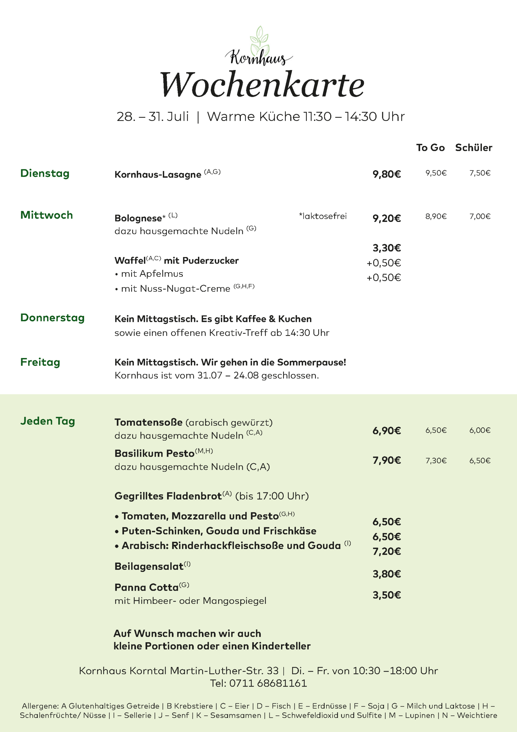 Wochenkarte für die KW 44 für den Mittagstisch im Kornhaus in Korntal