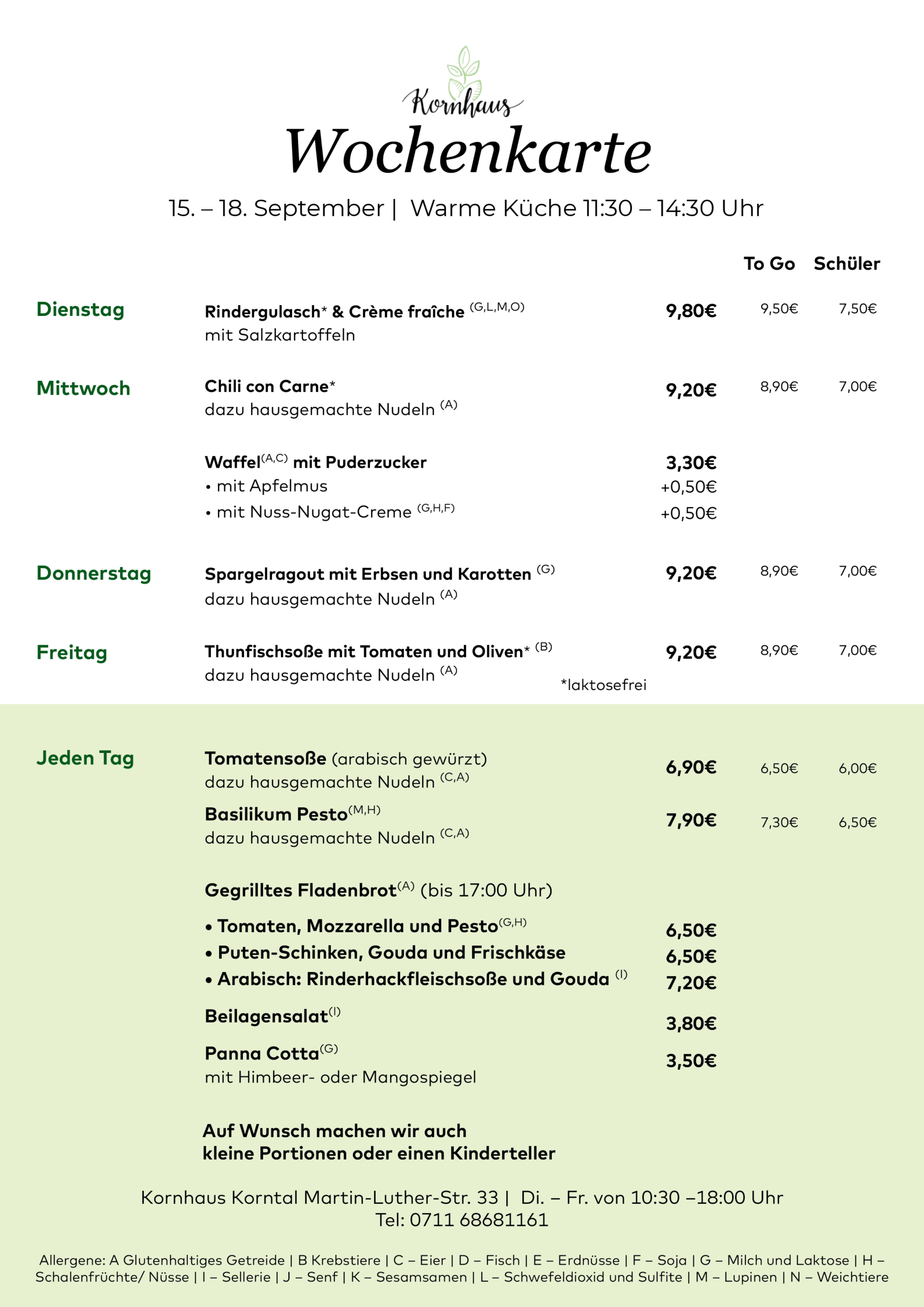 Wochenkarte für die KW 44 für den Mittagstisch im Kornhaus in Korntal