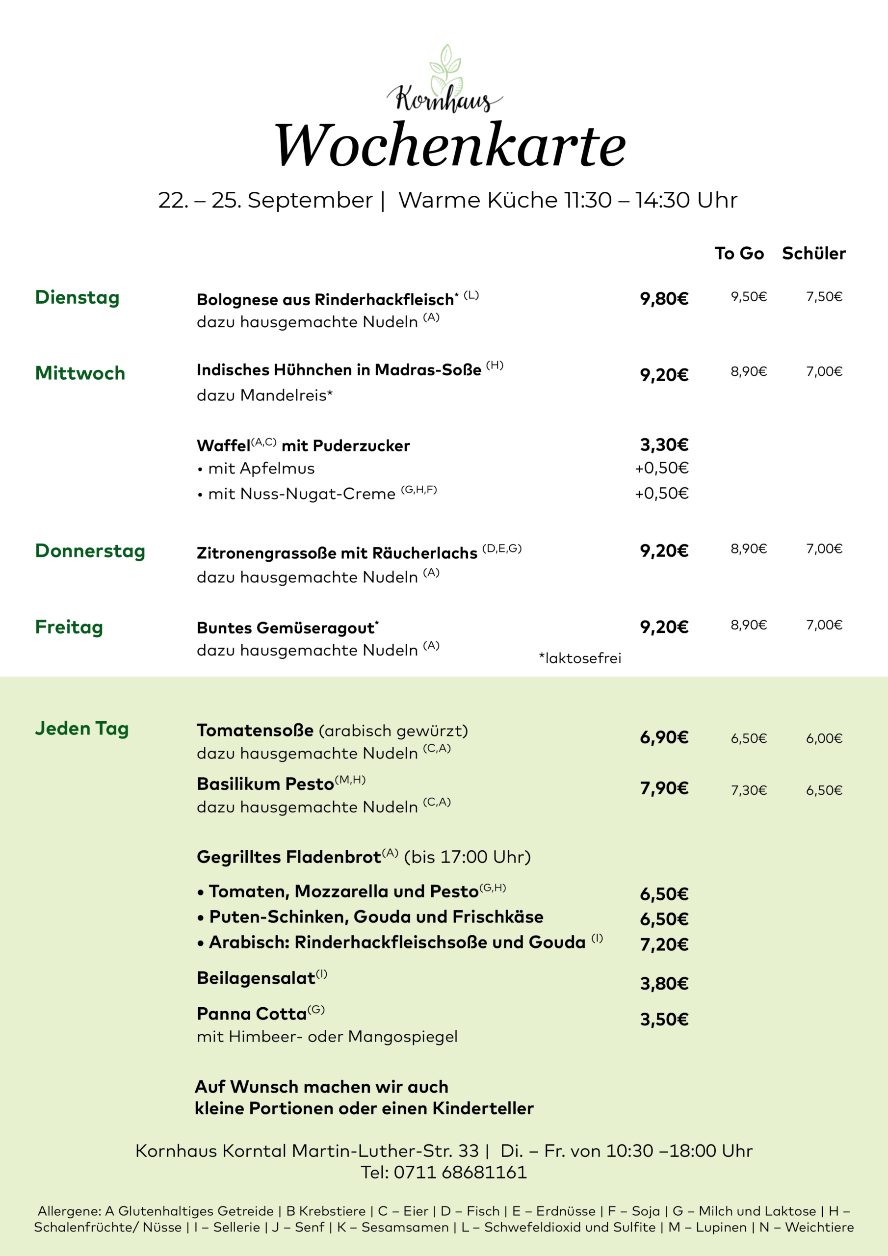 Wochenkarte für die KW 44 für den Mittagstisch im Kornhaus in Korntal